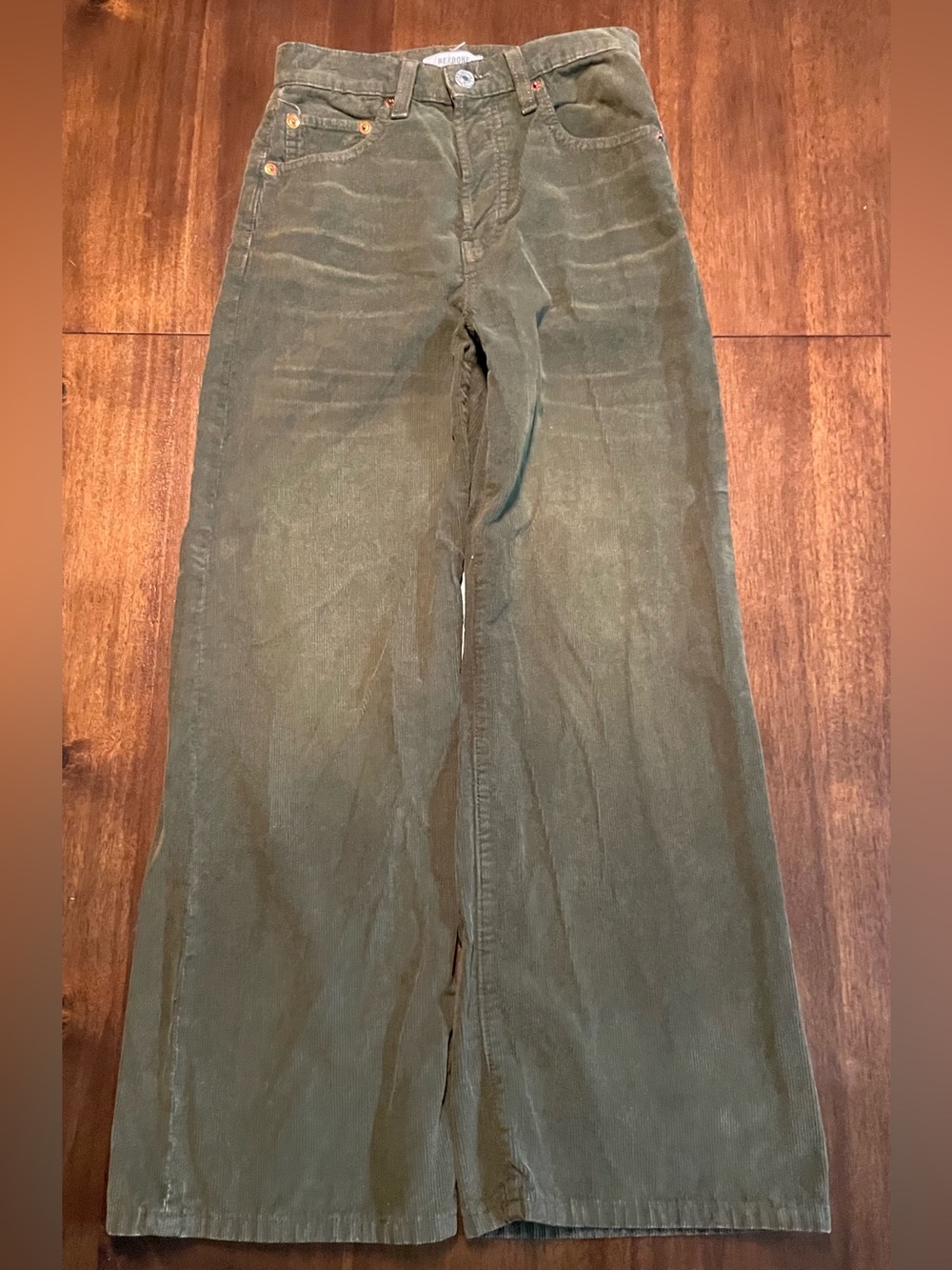 RE/DONE Distressed Fern Cord Wide Leg Corduroy Jeans Green Waist 24